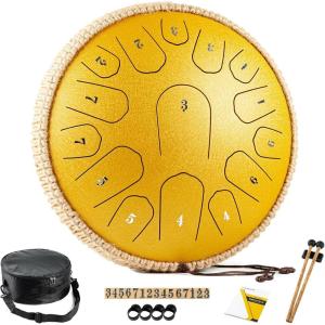 imageSteel Tongue Drum  13 Inches 15 Notes Tongue Drum  Hand Pan Drum with Music Book Handpan Drums Mallets and Carry Bag D Major Navy BlueYellow