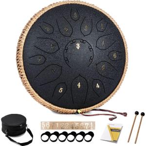 imageSteel Tongue Drum  15 Note 12 Inch Tongue Drums  Percussion Instruments  Hand Pan Drum with Music Book Drum Mallets and Carry Bag D Major BlackBlack