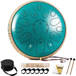 imageSteel Tongue Drum  15 Note 12 Inch Tongue Drums  Percussion Instruments  Hand Pan Drum with Music Book Drum Mallets and Carry Bag D Major BlackMalachite Green