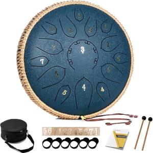 imageSteel Tongue Drum  15 Note 12 Inch Tongue Drums  Percussion Instruments  Hand Pan Drum with Music Book Drum Mallets and Carry Bag D Major BlackNavy Blue