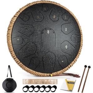 imageSteel Tongue Drum  HOPWELL 15 Note 14 Inch Tongue Drum  Hand Pan Drums with Music Book Steel Handpan Drum Mallets and Carry Bag D Major BlackBlack