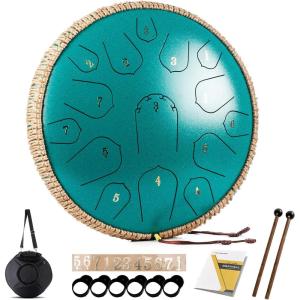 imageSteel Tongue Drum  HOPWELL 15 Note 14 Inch Tongue Drum  Hand Pan Drums with Music Book Steel Handpan Drum Mallets and Carry Bag D Major BlackMalachite Green