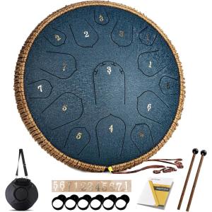 imageSteel Tongue Drum  HOPWELL 15 Note 14 Inch Tongue Drum  Hand Pan Drums with Music Book Steel Handpan Drum Mallets and Carry Bag D Major BlackNavy Blue